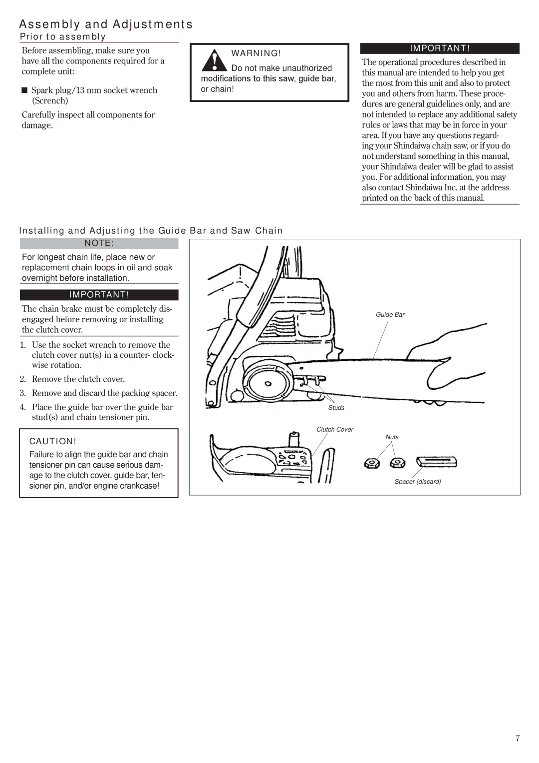 Shindaiwa 502s manual Assembly and Adjustments, Prior to assembly, Installing and Adjusting the Guide Bar and Saw Chain 