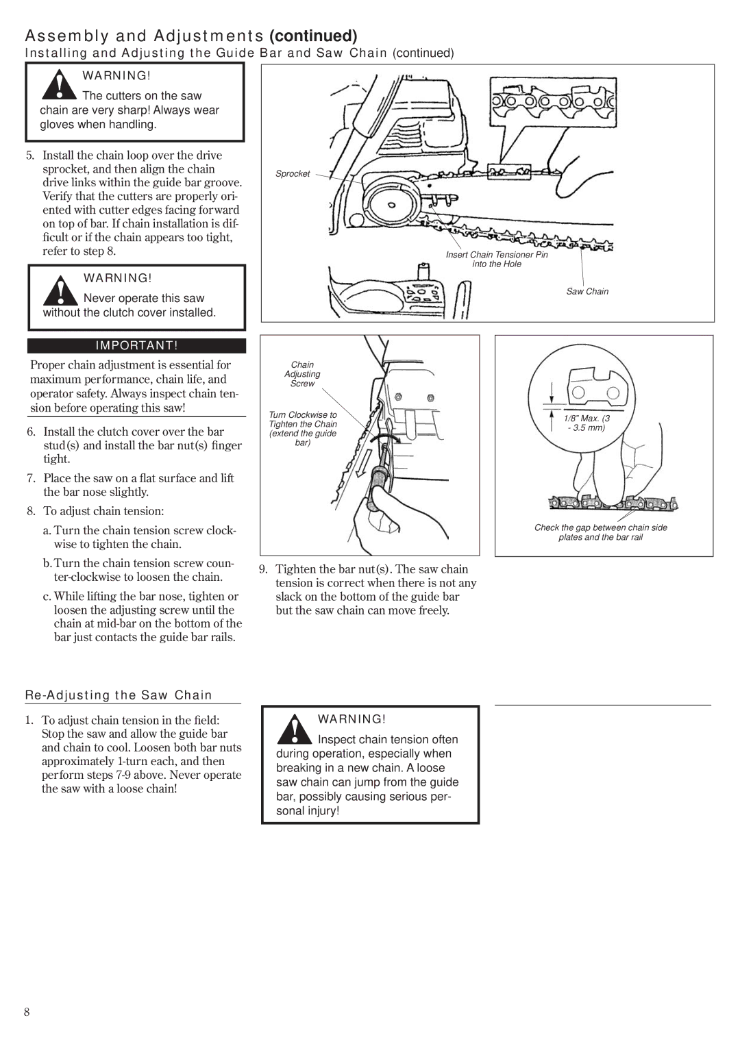 Shindaiwa 69033-94310, 502s manual Never operate this saw Without the clutch cover installed, Re-Adjusting the Saw Chain 