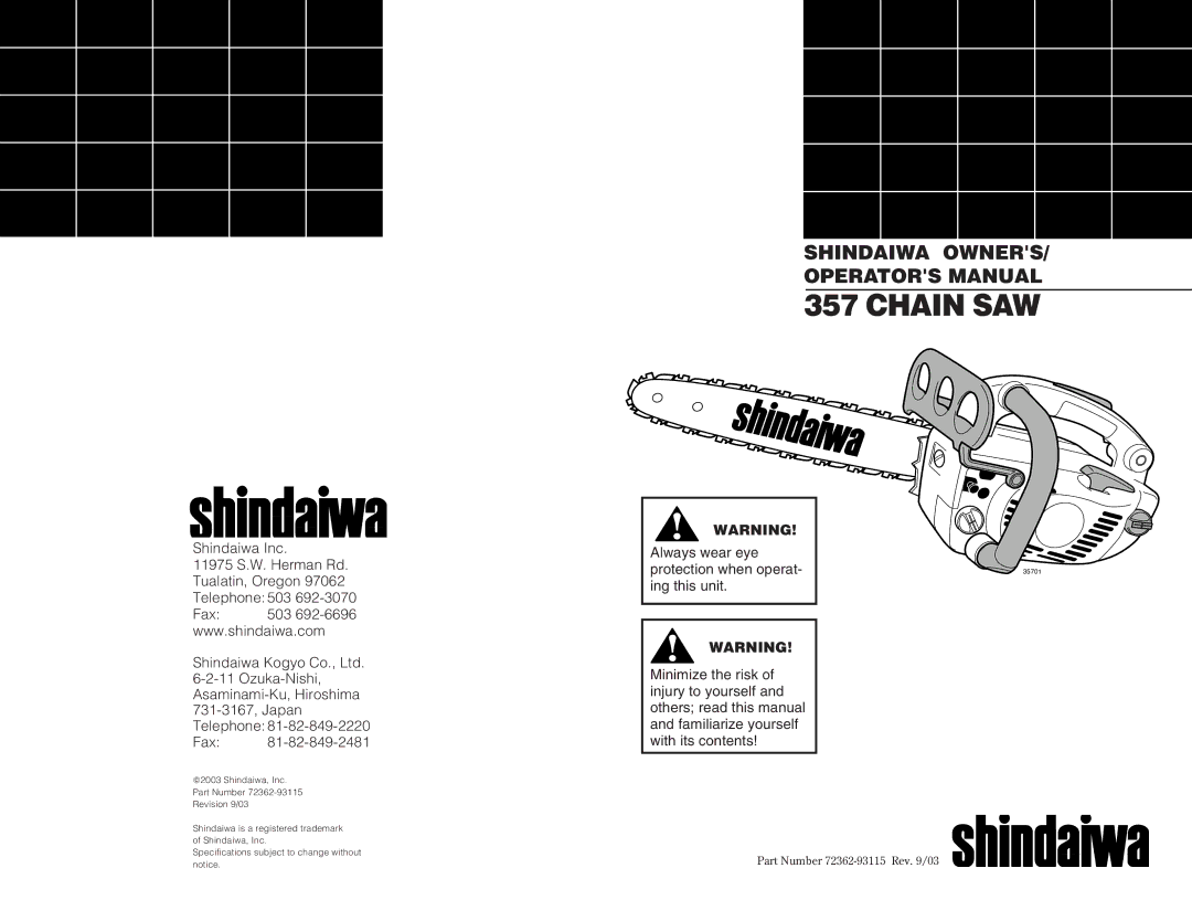 Shindaiwa 35701, 72362-93115 specifications Chain SAW 