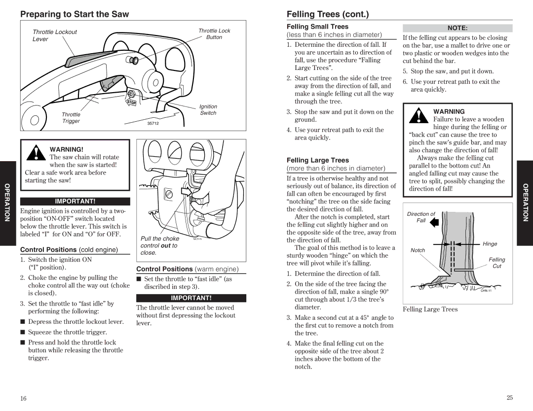 Shindaiwa 35701 Preparing to Start the Saw Felling Trees, Control Positions cold engine, Control Positions warm engine 