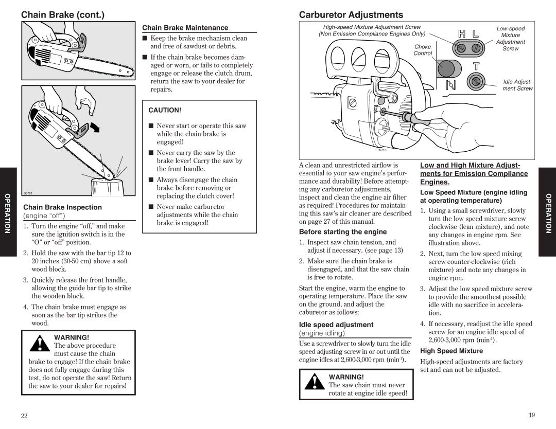 Shindaiwa 35701, 72362-93115 specifications Chain Brake, Carburetor Adjustments 