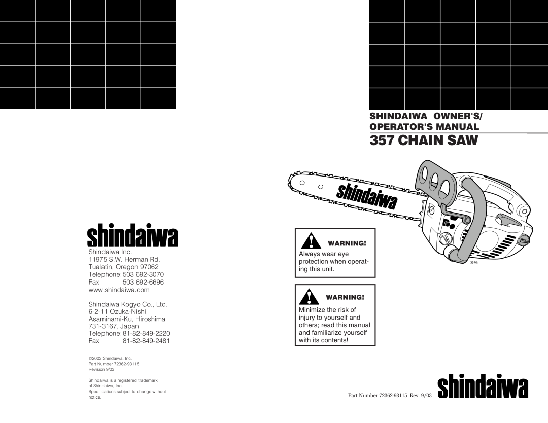 Shindaiwa 35701, 72362-93115 specifications Shindaiwa Owners Operators Manual, Chain Saw 