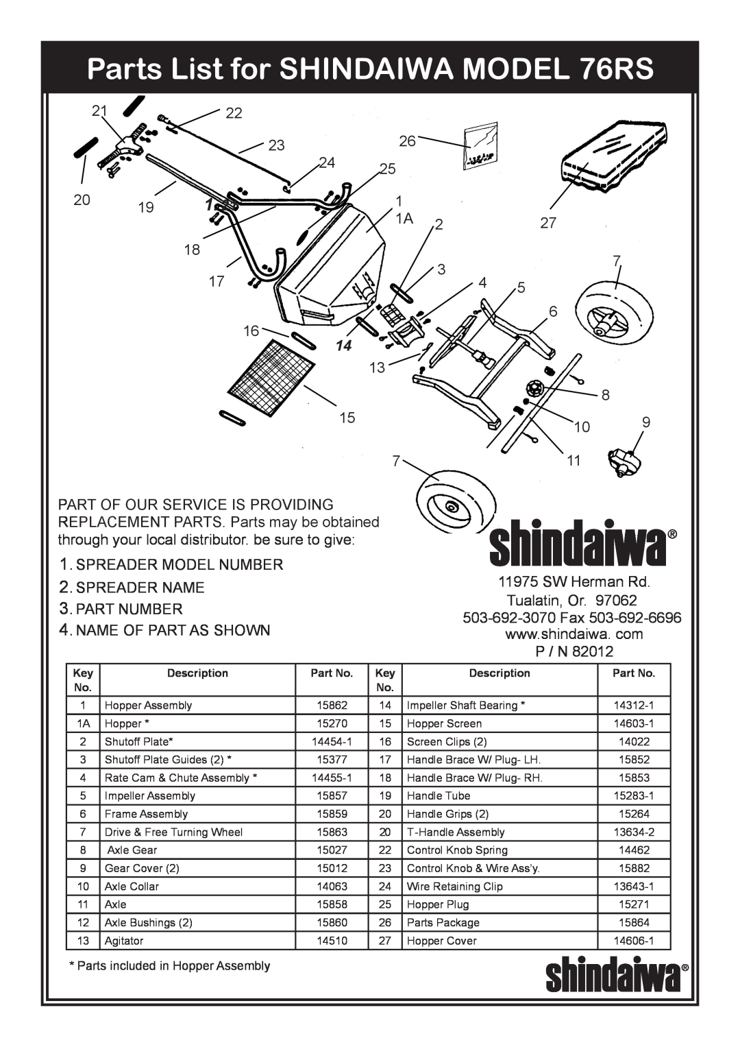 Shindaiwa Parts List for SHINDAIWA MODEL 76RS, 2122, SPREADER MODEL NUMBER 2. SPREADER NAME 3. PART NUMBER, P / N 