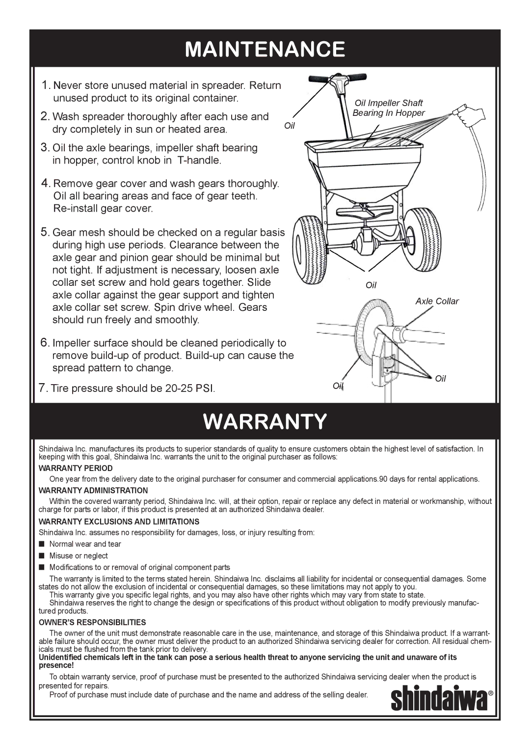 Shindaiwa 76RS owner manual Maintenance, Warranty 