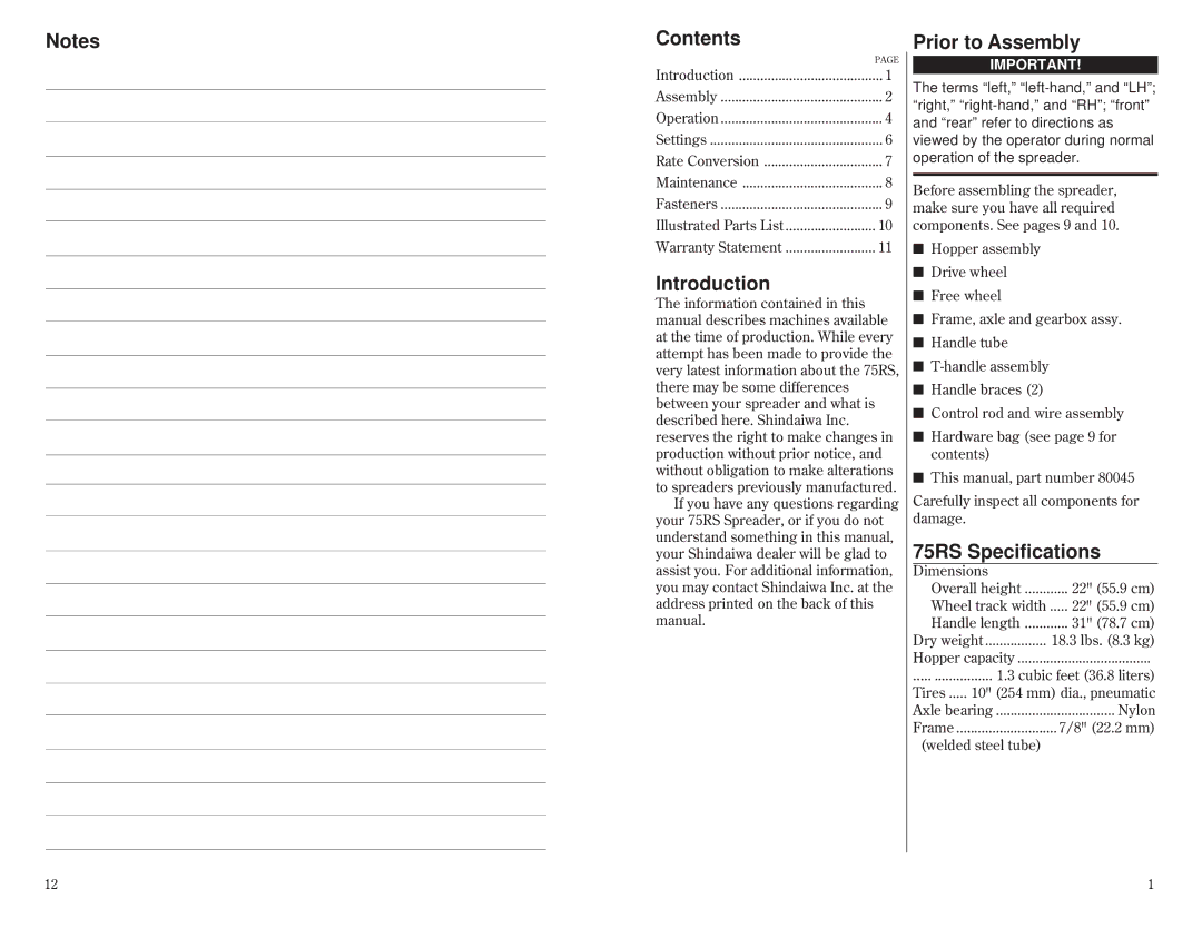 Shindaiwa 80045 manual Contents, Introduction, Prior to Assembly, 75RS Specifications 