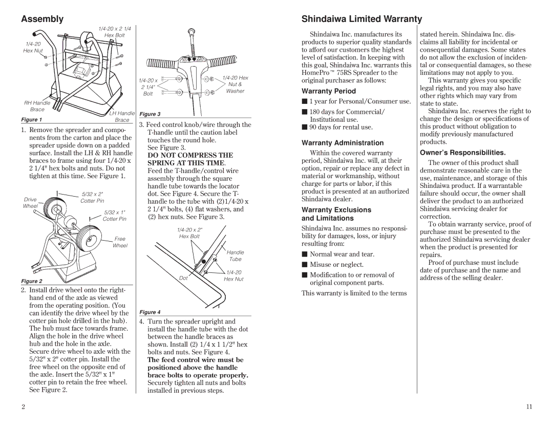 Shindaiwa 80045, 75RS manual Assembly, Shindaiwa Limited Warranty 