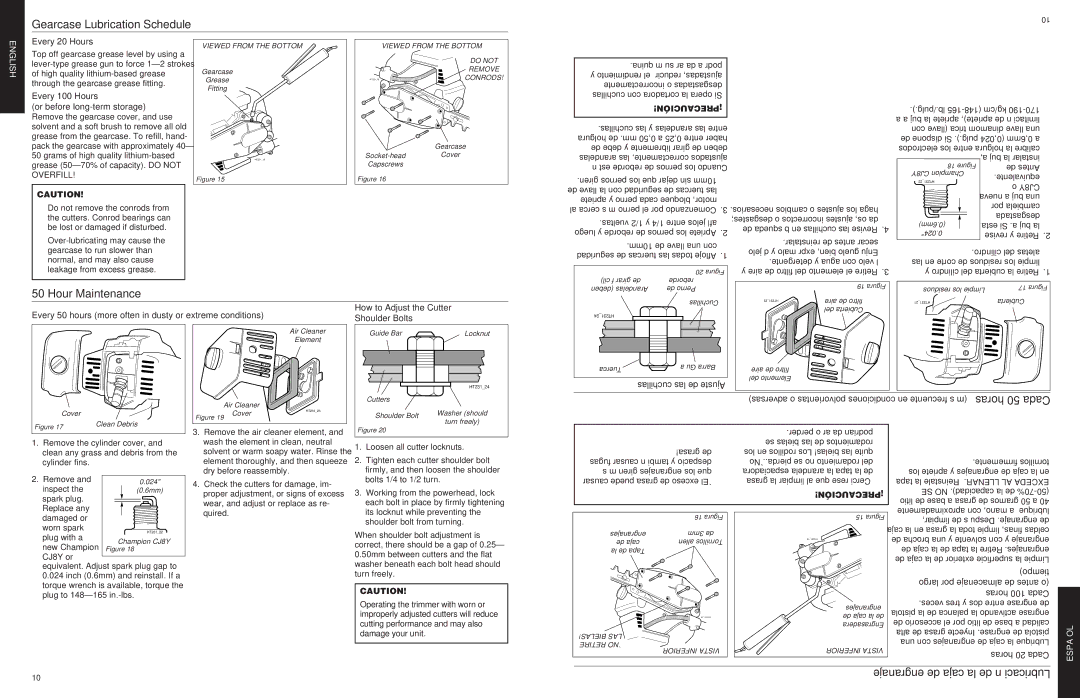 Shindaiwa 80775 manual Gearcase Lubrication Schedule, Hour Maintenance, Horas 50 Cada, Engranaje de caja la de Lubricación 