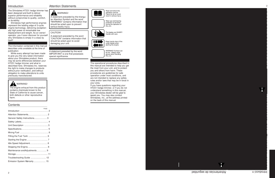 Shindaiwa 80775 manual Introduction, Contenido, Contents, Seguridad de Advertencias Introducción 