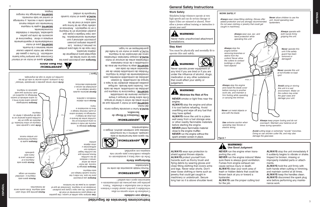 Shindaiwa 80775 manual General Safety Instructions, Seguridad de Generales Instrucciones, Juicio Buen Use ¡ADVERTENCIA 