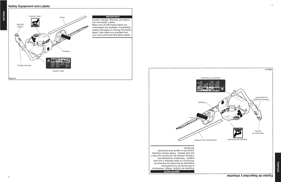 Shindaiwa 80775 manual Safety Equipment and Labels, Etiquetas y Seguridad de Equipo 