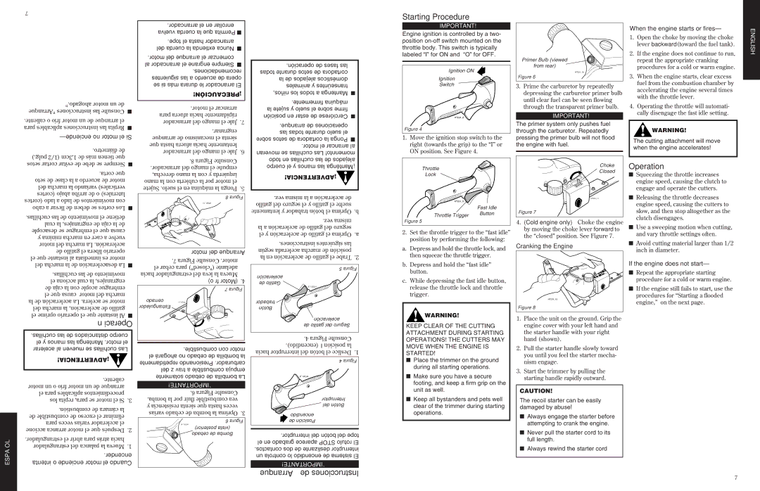 Shindaiwa 80775 manual Operación, Starting Procedure, Operation, Arranque de Instrucciones 