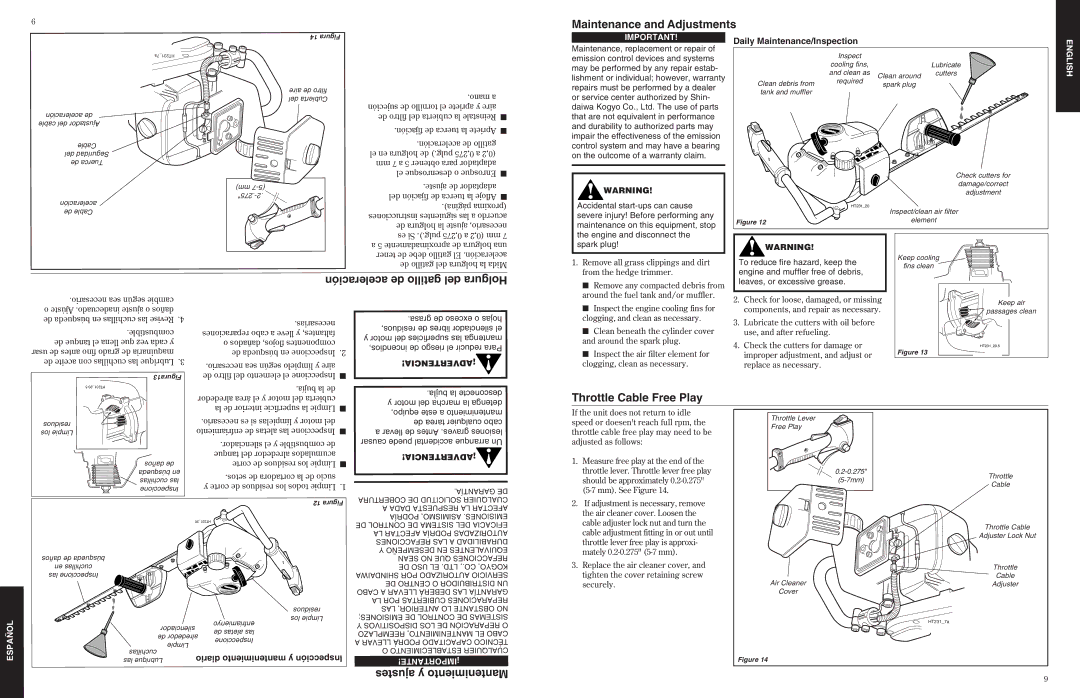 Shindaiwa 80775 manual Maintenance and Adjustments, Aceleración de gatillo del Holgura, Throttle Cable Free Play 