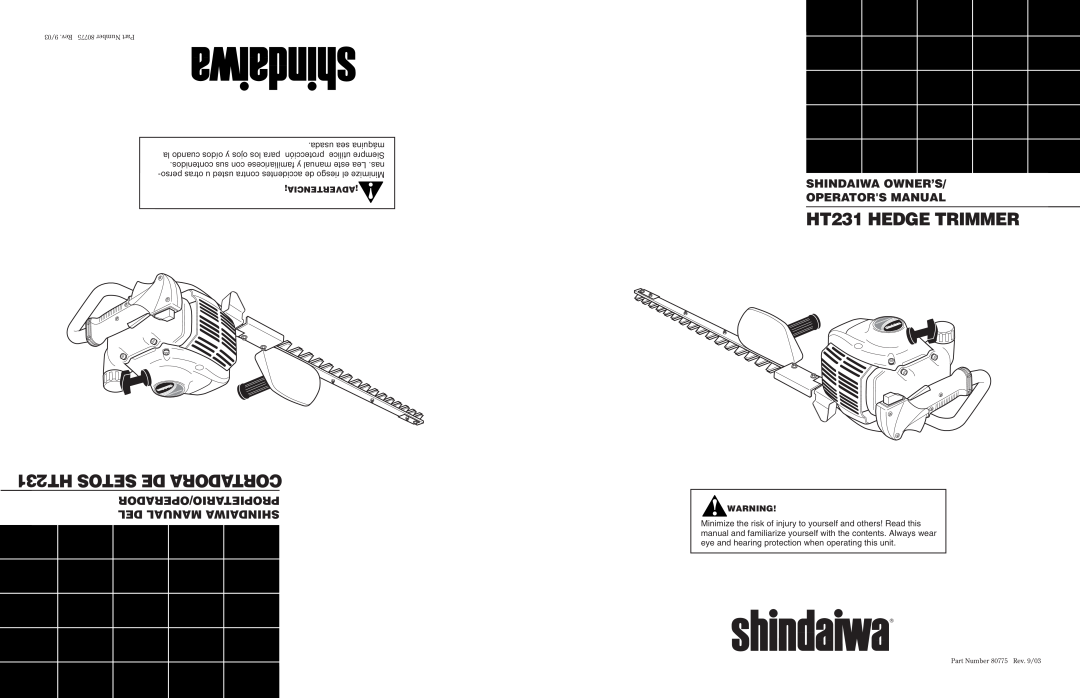Shindaiwa 80775 manual Propietario/Operador Del Manual Shindaiwa, Shindaiwa Owner’S Operators Manual, HT231 HEDGE TRIMMER 