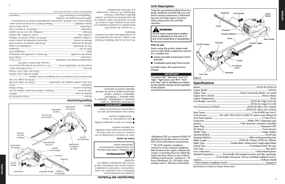 Shindaiwa 80775 manual Especificaciones, Producto del Descripción, Unit Description, Specifications, Español, English 