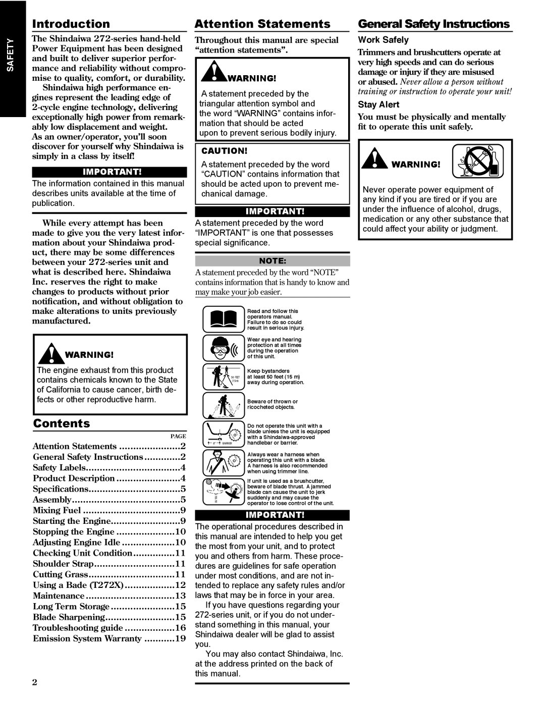 Shindaiwa 80974 manual Introduction, Contents, Attention Statements, General Safety Instructions 