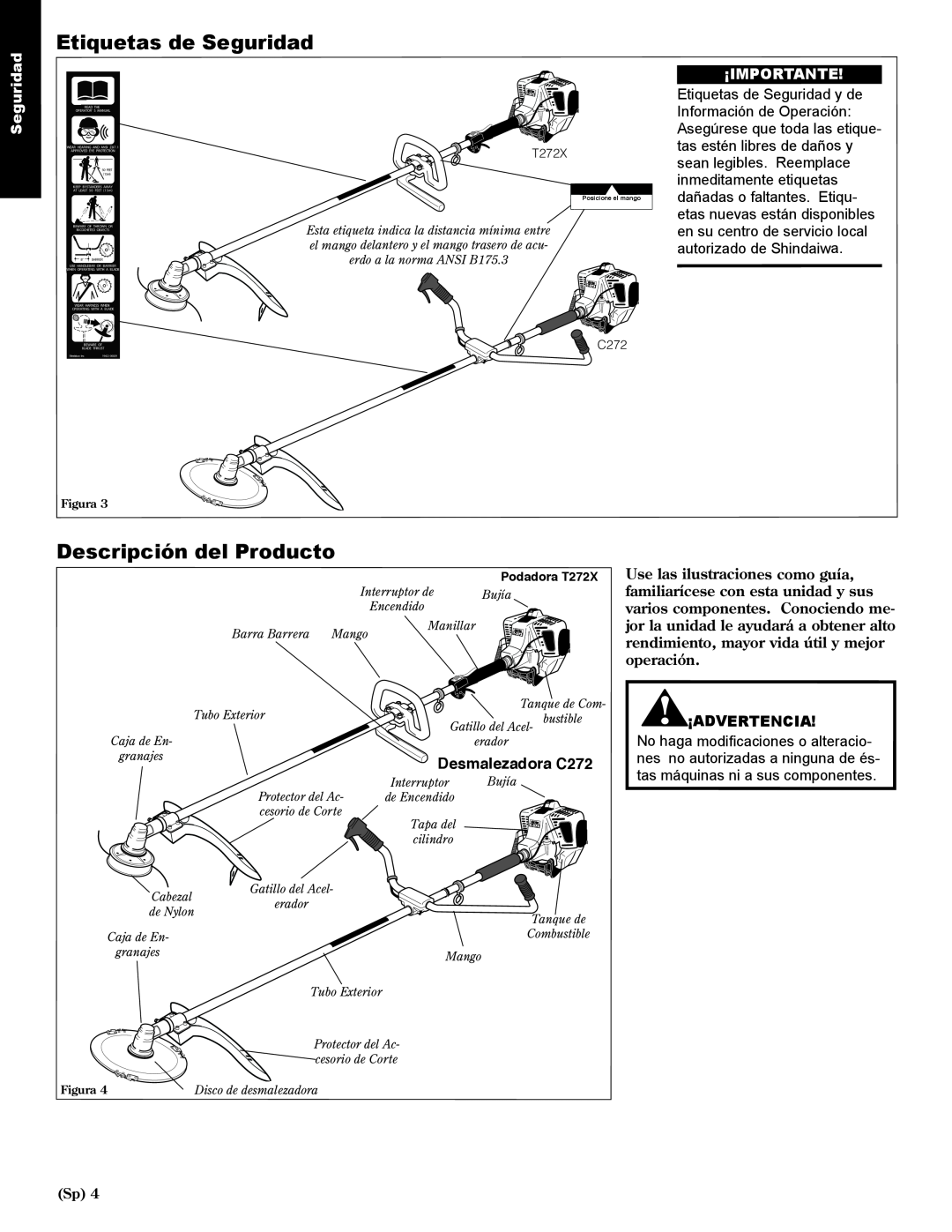 Shindaiwa 80974 Etiquetas de Seguridad, Descripción del Producto, ¡Importante, Desmalezadora C272, Podadora T272X 