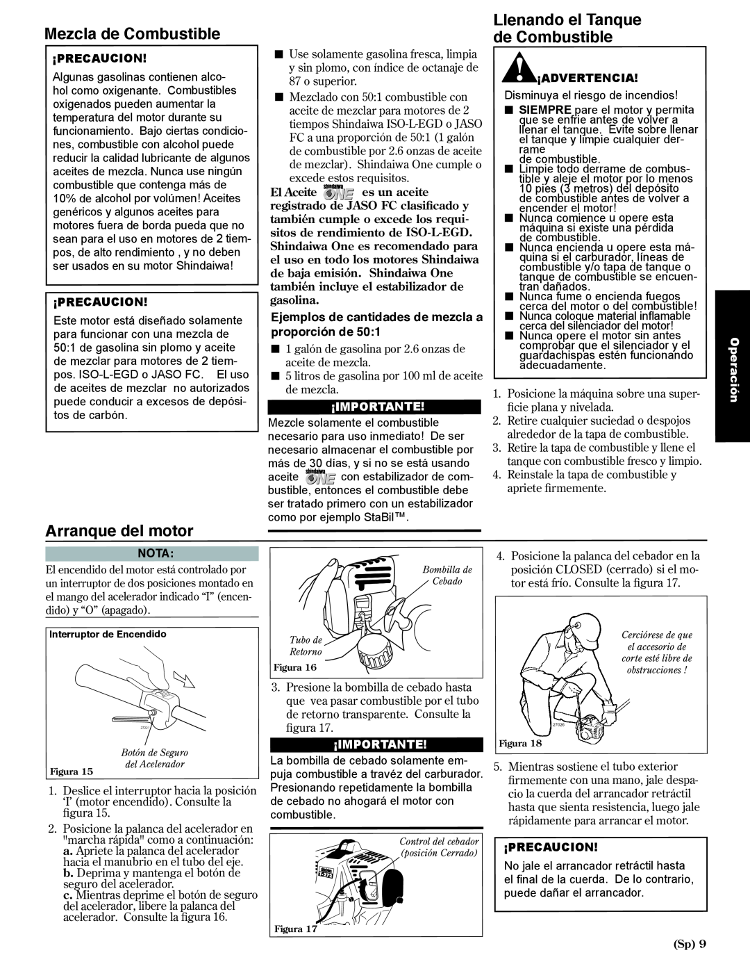 Shindaiwa 80974 manual Mezcla de Combustible, Arranque del motor, Llenando el Tanque de Combustible, Operación, ¡Importante 