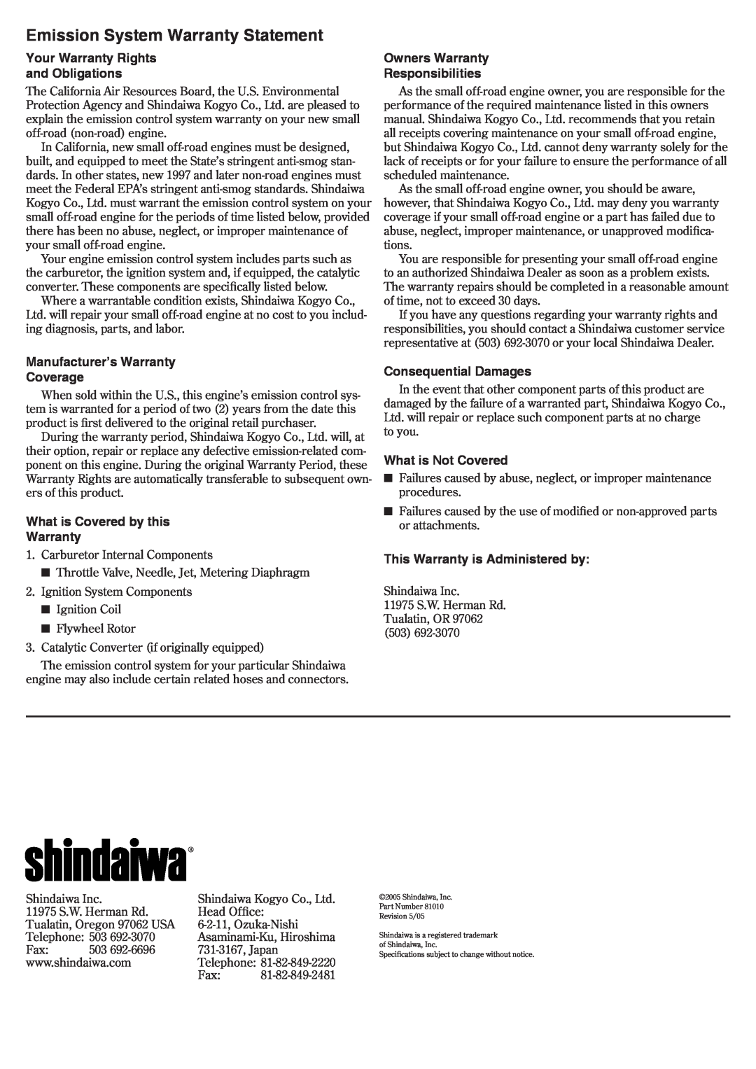 Shindaiwa 81010 Emission System Warranty Statement, Your Warranty Rights and Obligations, Owners Warranty Responsibilities 