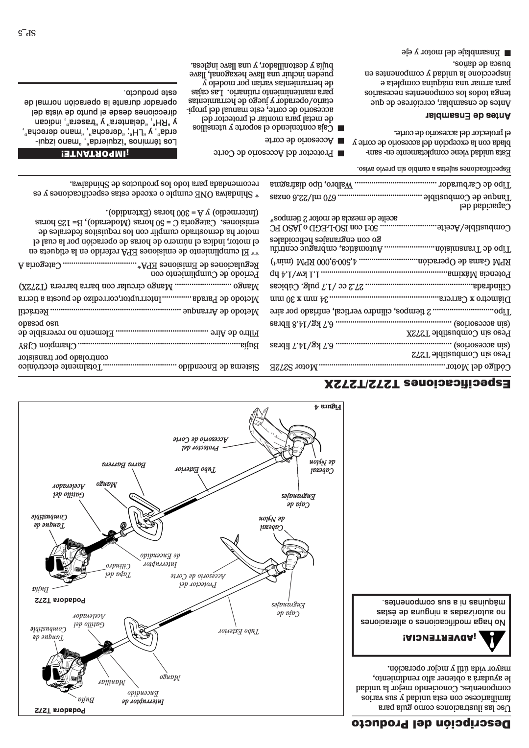 Shindaiwa 81010 manual T272/T272X Especiﬁcaciones, Producto del Descripción, Ensamblar de Antes, ¡Importante, ¡Advertencia 