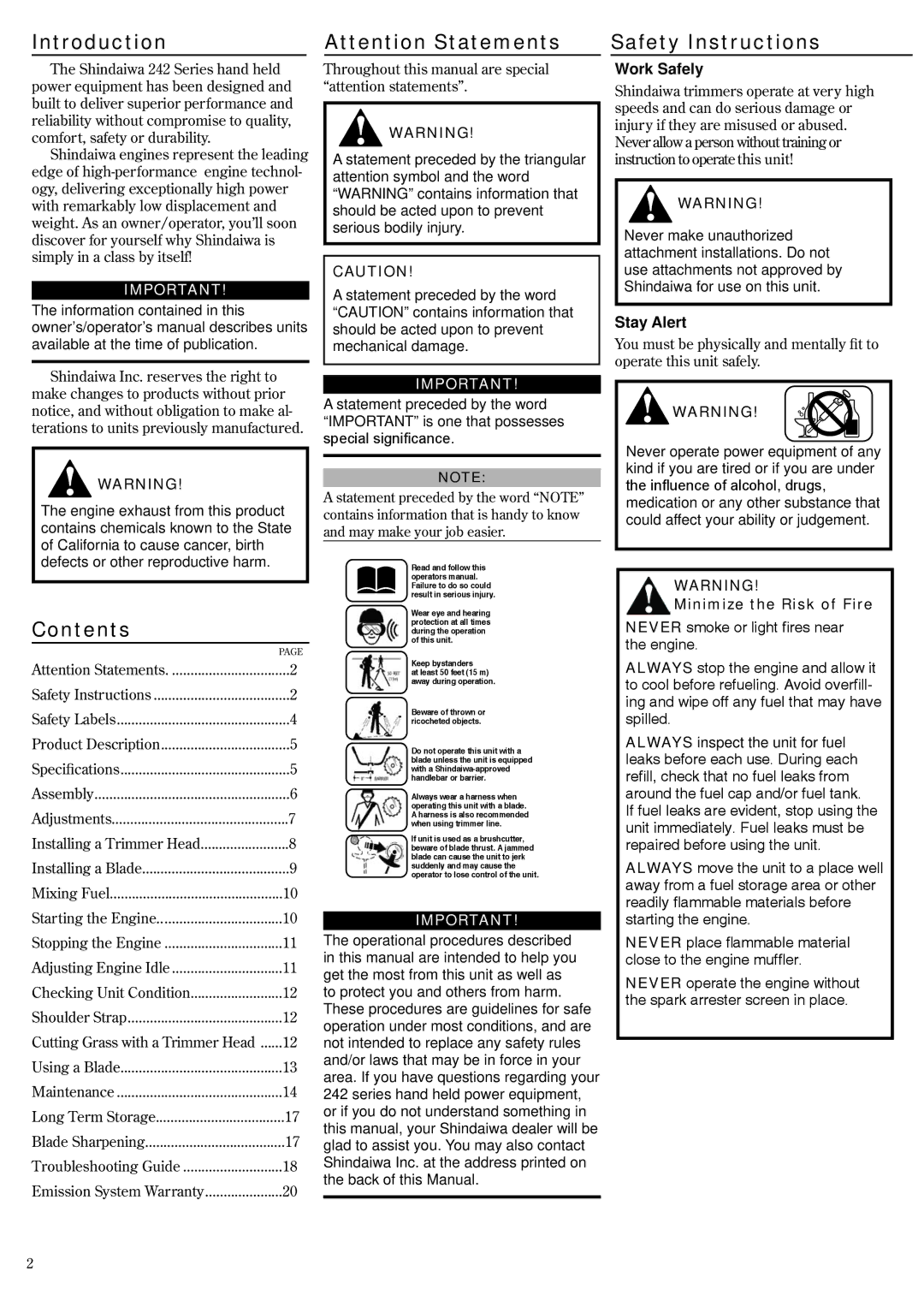 Shindaiwa 81359 manual Introduction, Contents, Safety Instructions 