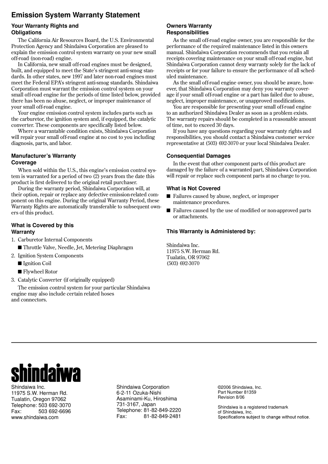 Shindaiwa 81359 manual Emission System Warranty Statement 