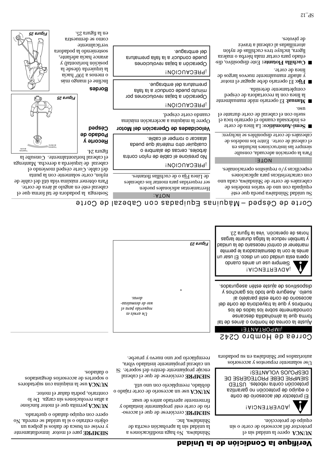 Shindaiwa 81359 manual Corte de, Cabezal con Equipadas Máquinas Césped de Corte, Unidad la de Condición la Verifique 