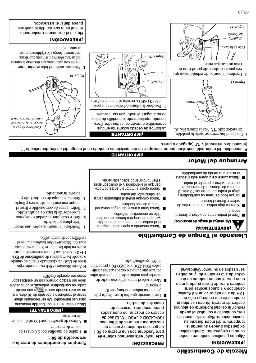 Shindaiwa 81359 manual Motor del Arranque, Combustible de Tanque el Llenando, Combustible de Mezcla, De proporción 