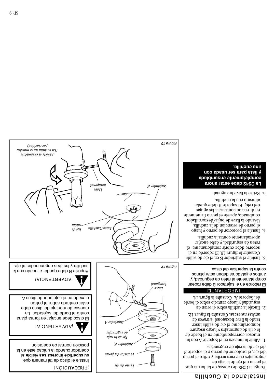 Shindaiwa 81359 manual Cuchilla la Instalando, 9SP 