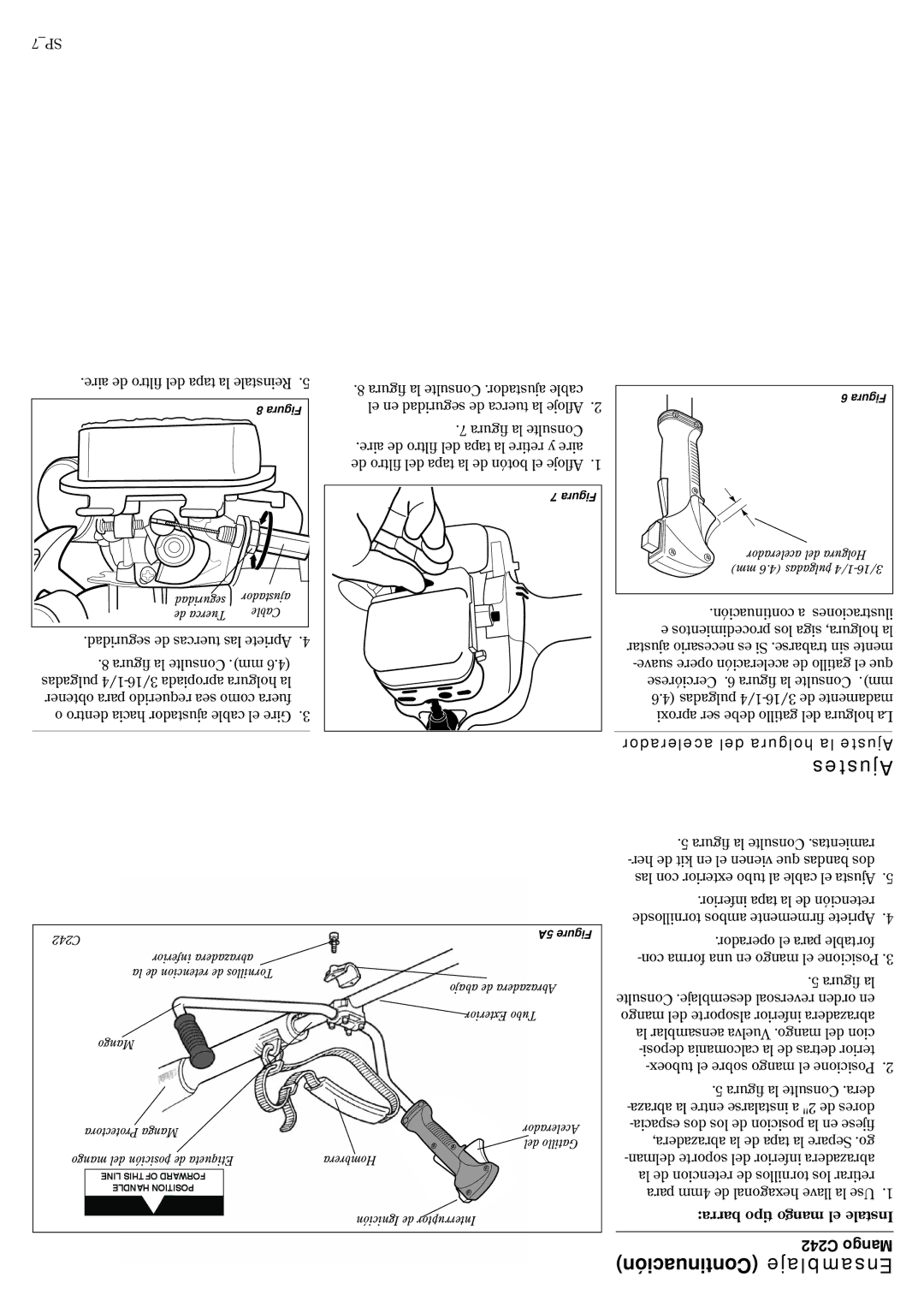 Shindaiwa 81359 manual Continuación Ensamblaje, Acelerador del holgura la Ajuste Ajustes, C242 Mango 