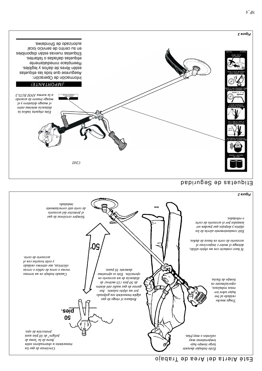 Shindaiwa 81359 manual Seguridad de Etiquetas, Píes, Trabajo de Area del Alerta Esté 