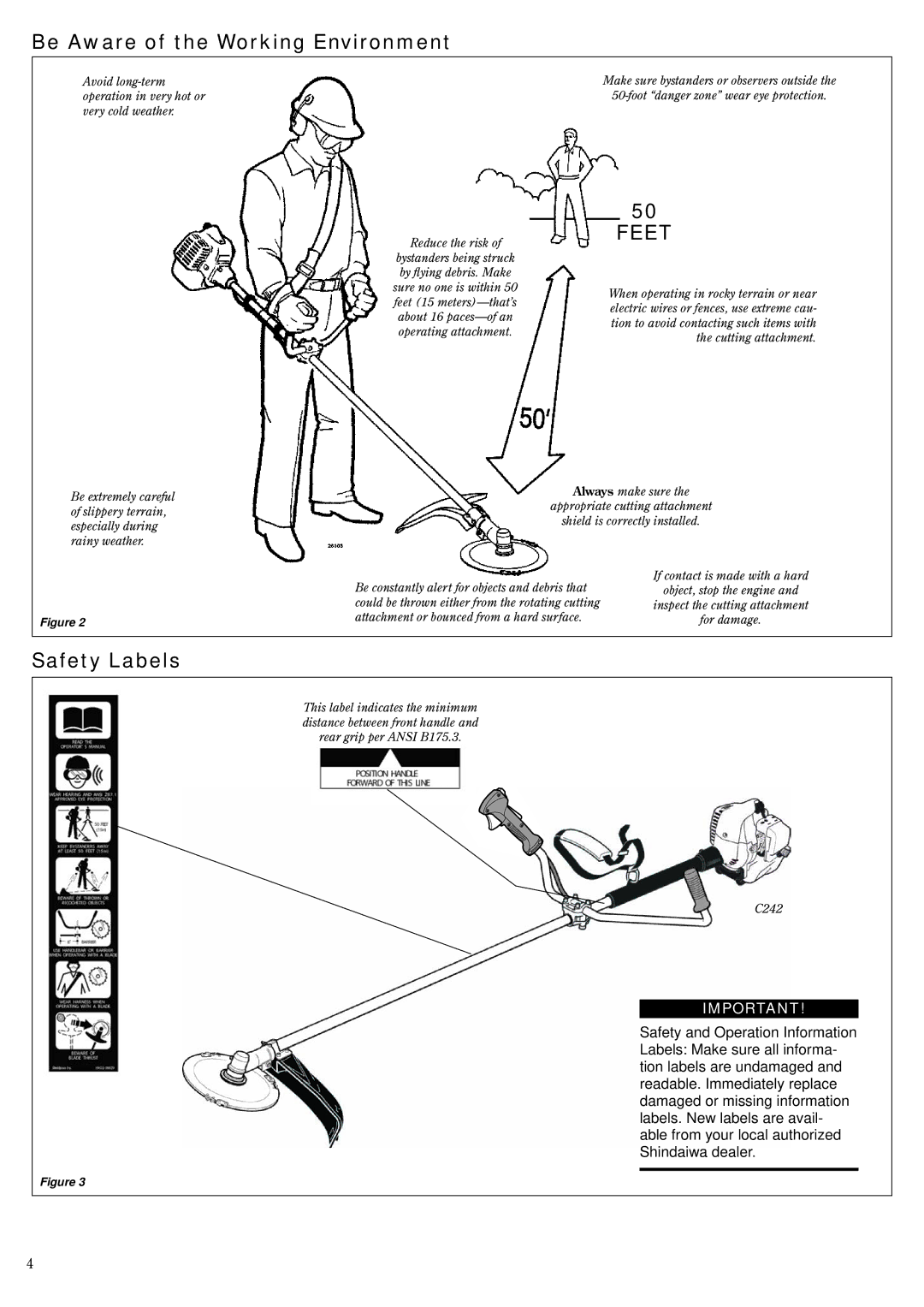 Shindaiwa 81359 manual Be Aware of the Working Environment, Safety Labels 