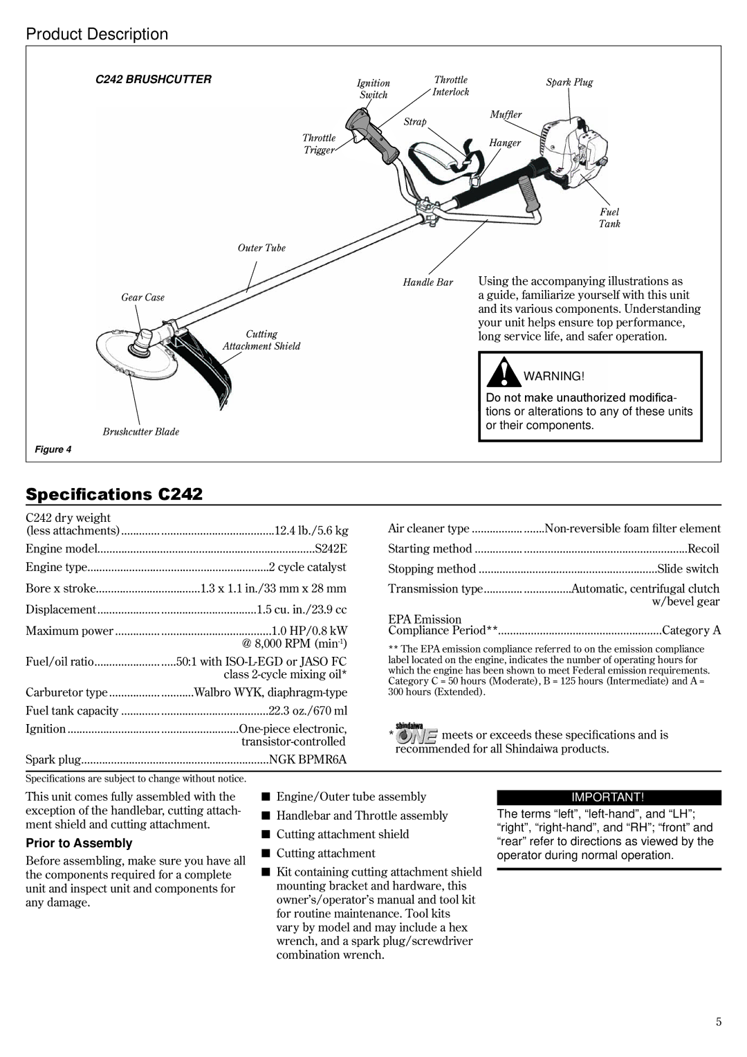 Shindaiwa 81359 manual Product Description, Specifications C242, Prior to Assembly 