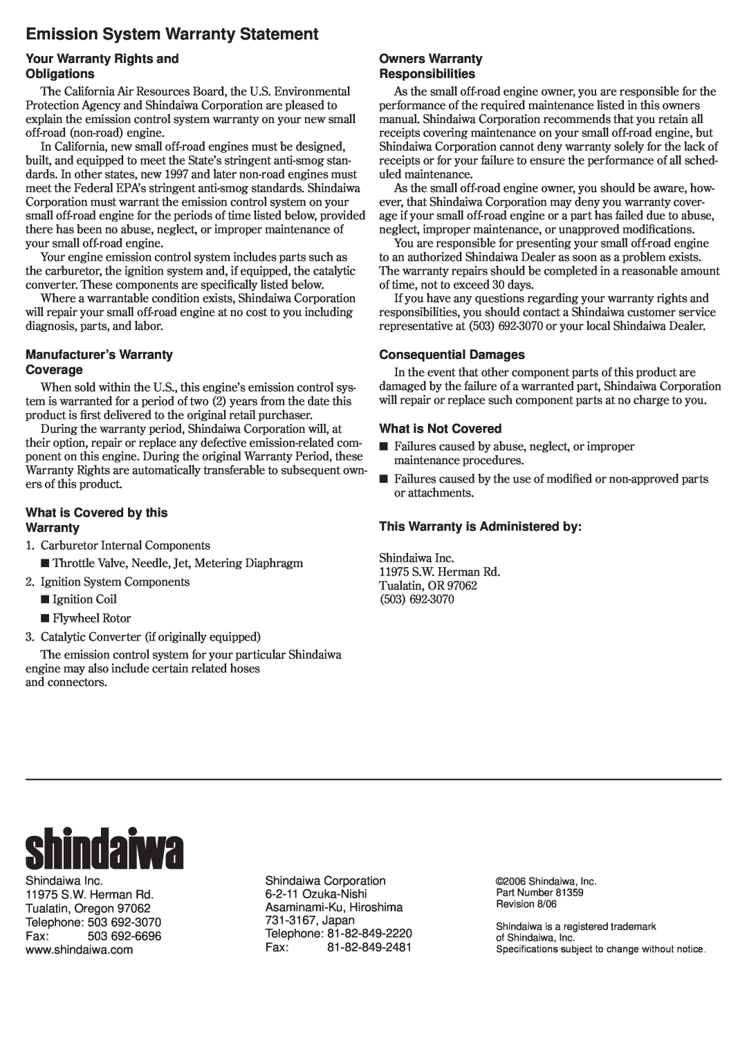 Shindaiwa 81359 Emission System Warranty Statement, Your Warranty Rights and Obligations, Owners Warranty Responsibilities 