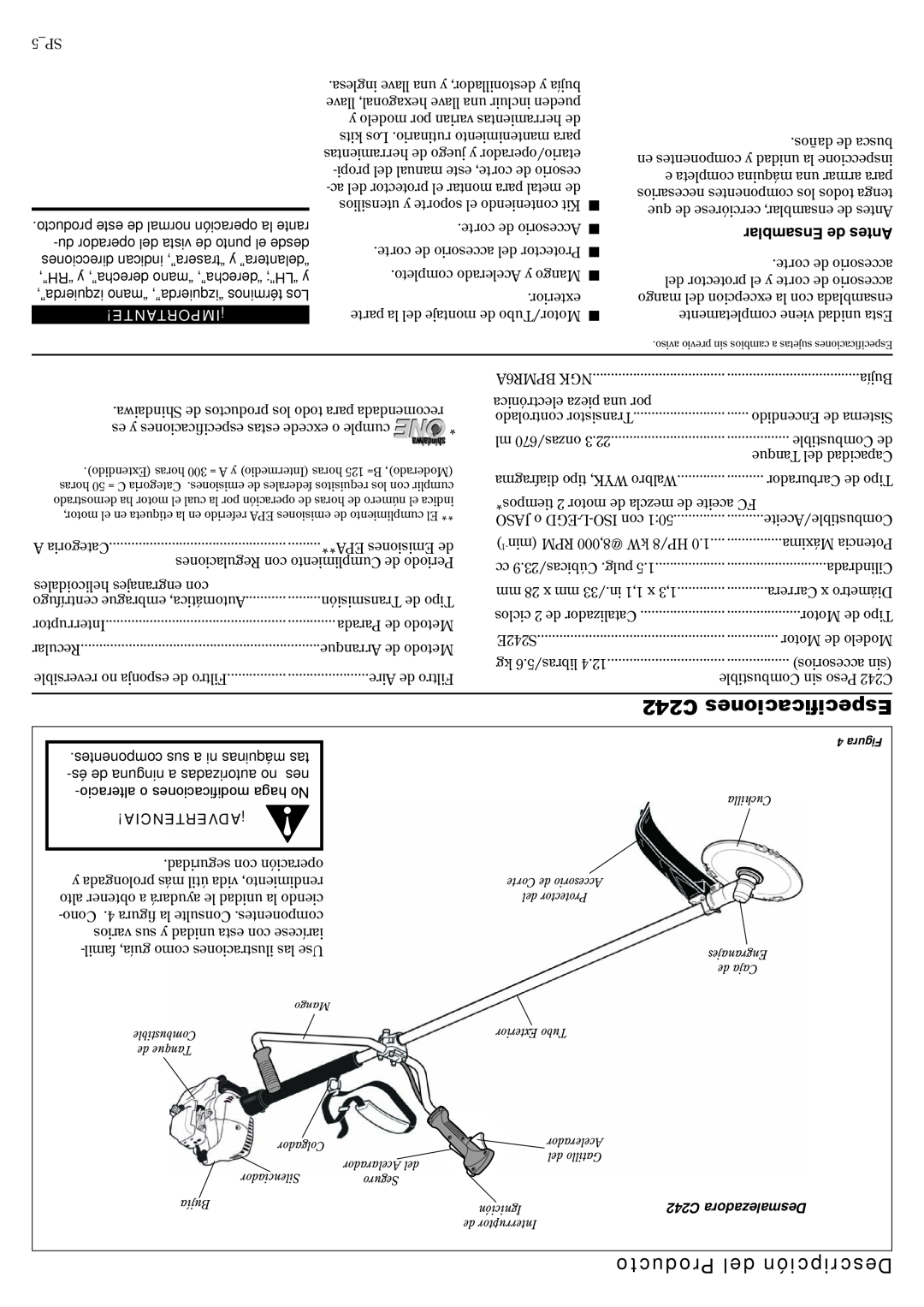 Shindaiwa 81359 manual C242 Especificaciones, Producto del Descripción, Ensamblar de Antes, ¡Importante, ¡Advertencia 