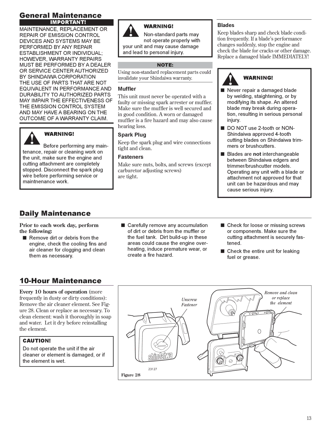 Shindaiwa 81642 manual General Maintenance, Daily Maintenance, Hour Maintenance 