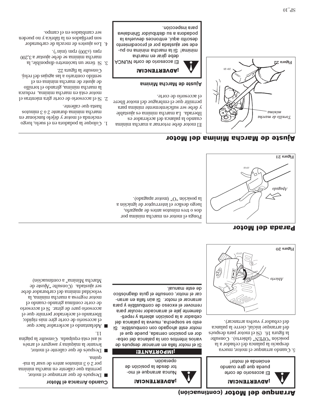 Shindaiwa 81642 manual Motor del Mínima Marcha de Ajuste, Motor del Parada, Continuación Motor del Arranque 