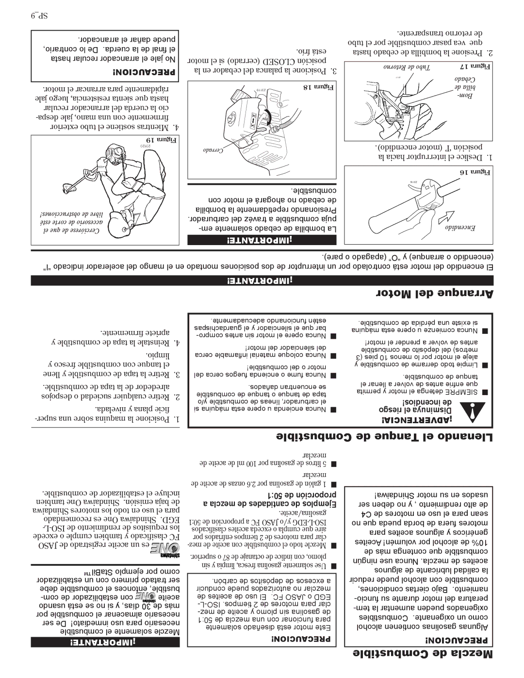 Shindaiwa 81642 manual Motor del Arranque, Combustible de Tanque el Llenando, Combustible de Mezcla, Incendios! de 