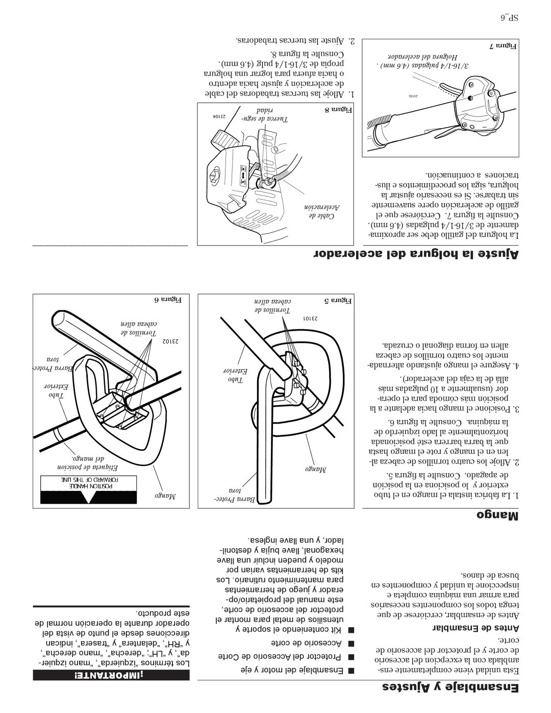 Shindaiwa 81642 manual Acelerador del holgura la Ajuste, Mango, Ajustes y Ensamblaje, Trabadoras tuercas las Ajuste 