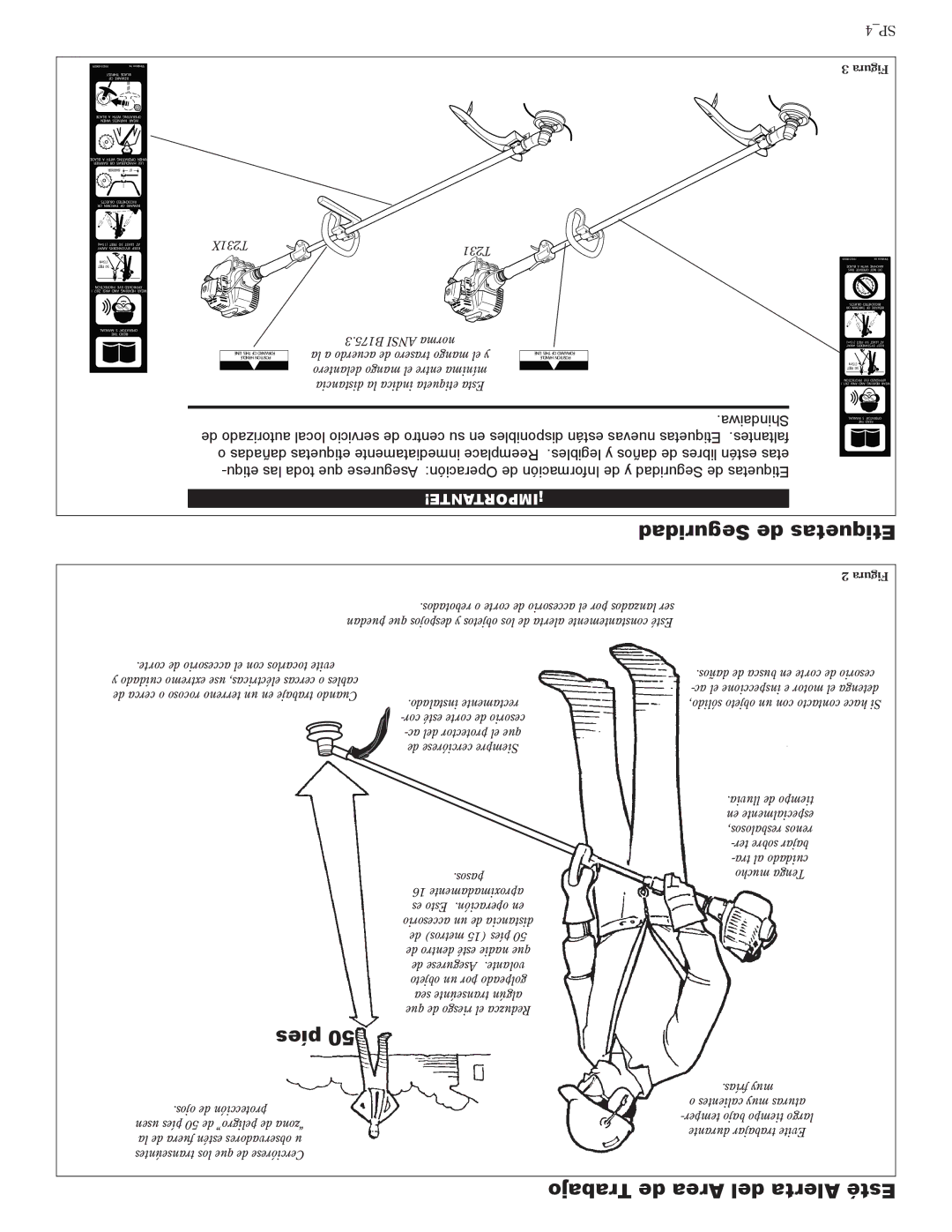 Shindaiwa 81642 manual Seguridad de Etiquetas, Píes, Trabajo de Area del Alerta Esté 