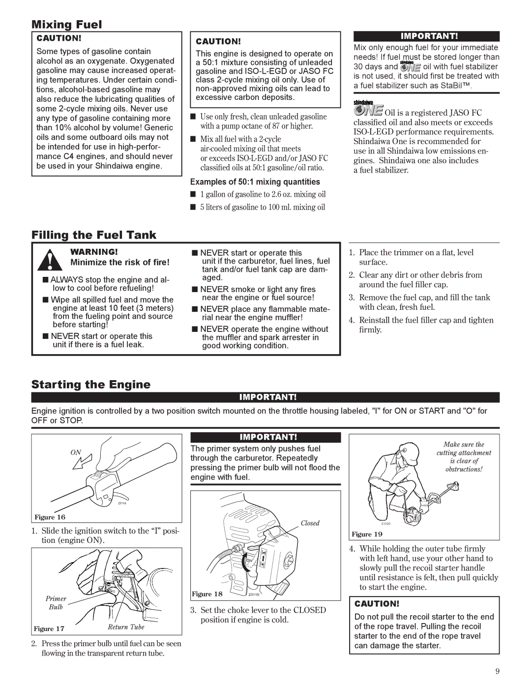 Shindaiwa 81642 manual Mixing Fuel, Filling the Fuel Tank, Starting the Engine, Examples of 501 mixing quantities 