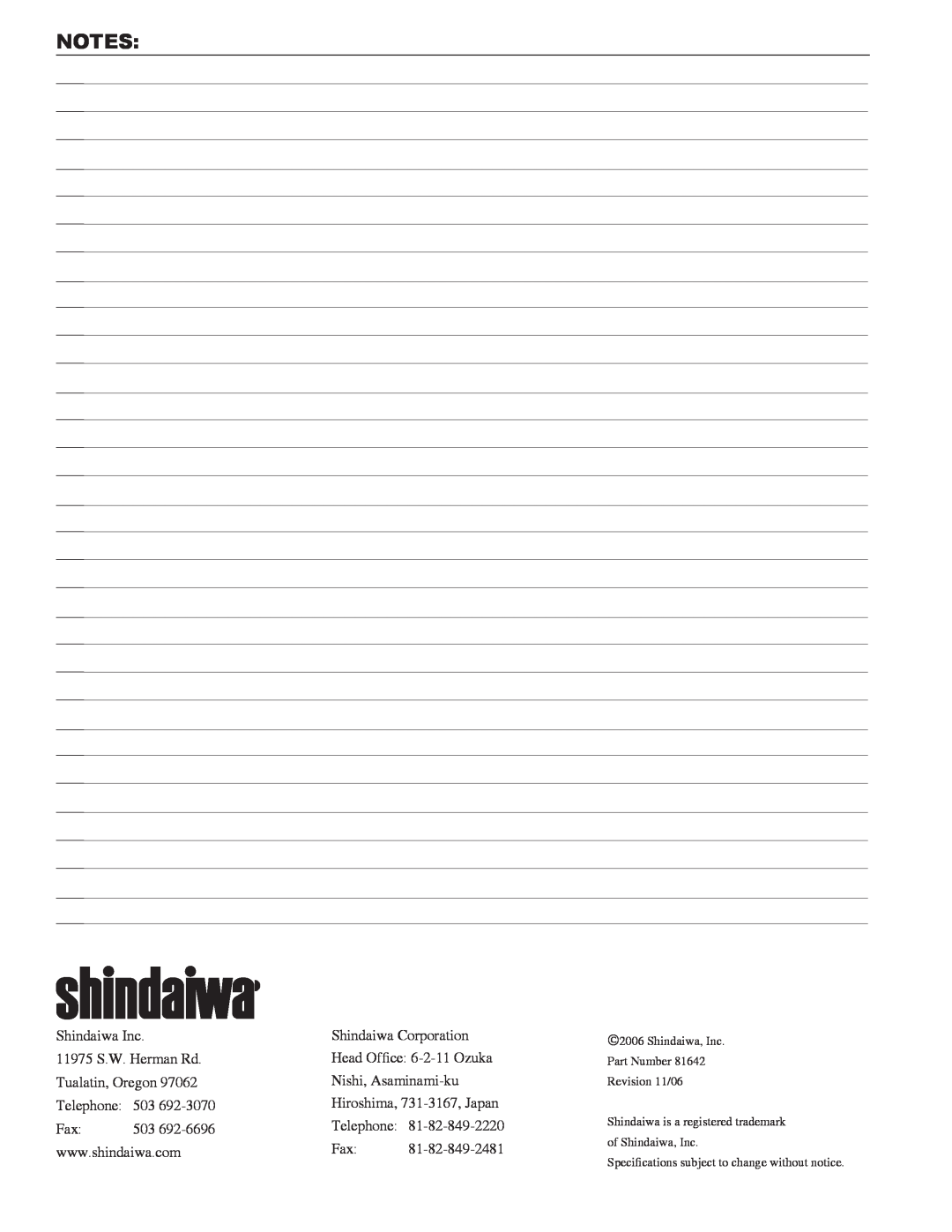 Shindaiwa 81642 manual Shindaiwa, Inc Part Number Revision 11/06, Shindaiwa is a registered trademark of Shindaiwa, Inc 