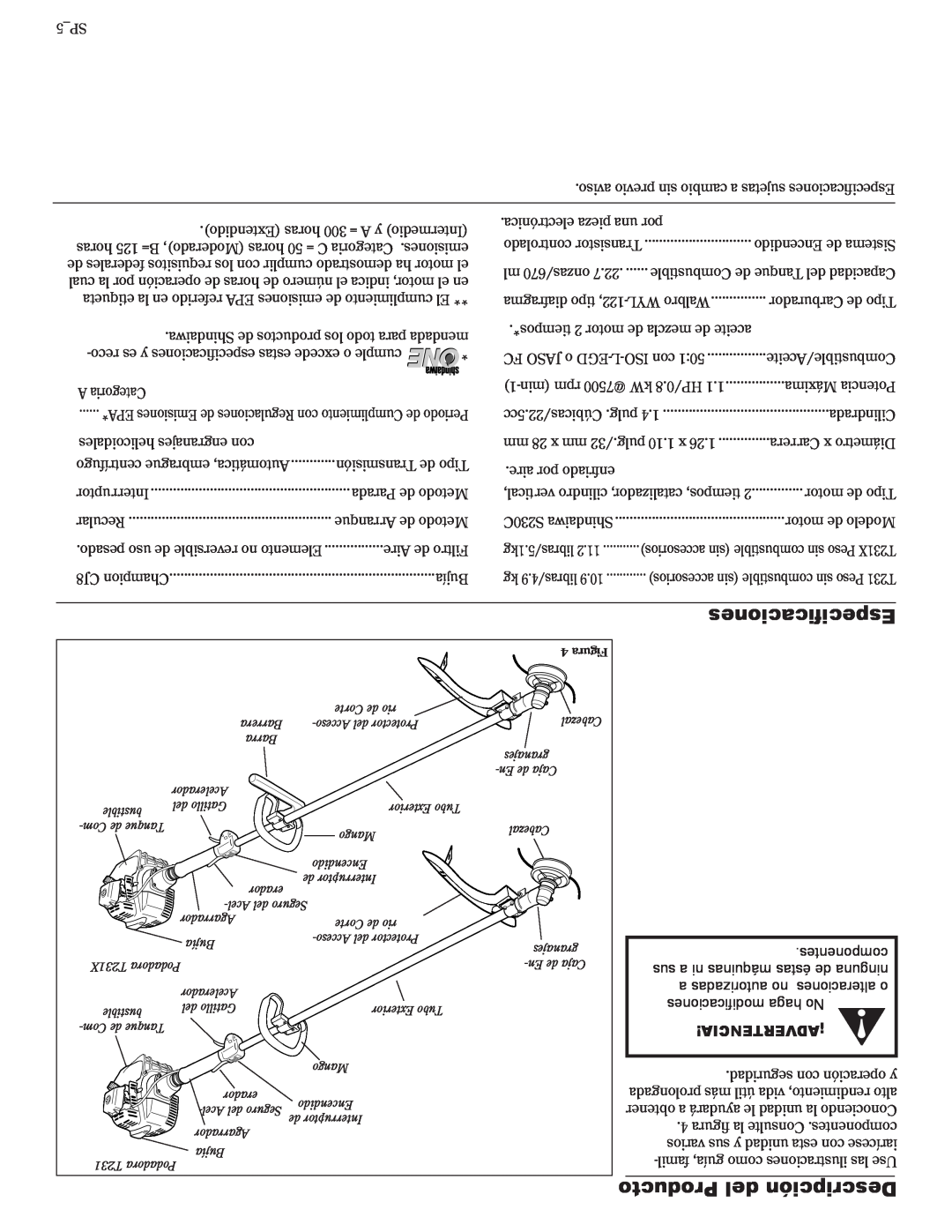 Shindaiwa 81642 manual Especificaciones, Producto del Descripción, ¡Advertencia 