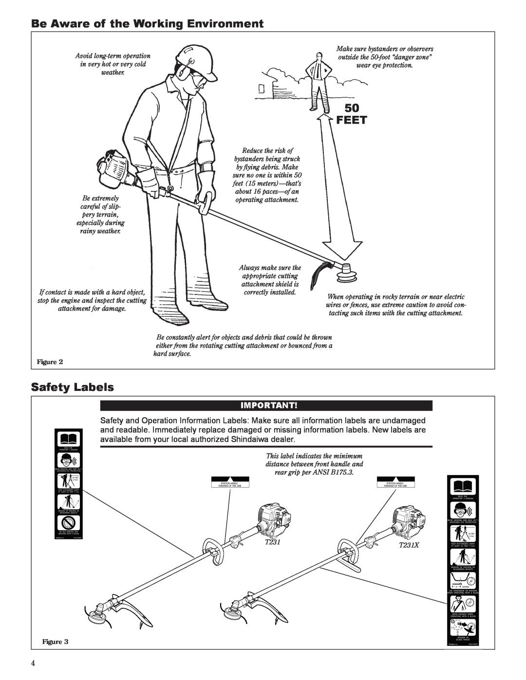 Shindaiwa 81642 manual Be Aware of the Working Environment, Safety Labels, Feet 