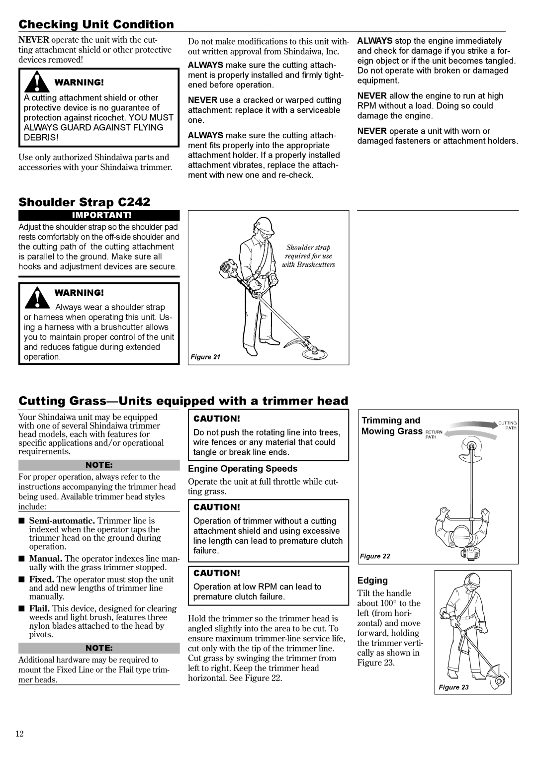 Shindaiwa 81644 manual Checking Unit Condition, Shoulder Strap C242, Cutting Grass-Units equipped with a trimmer head 