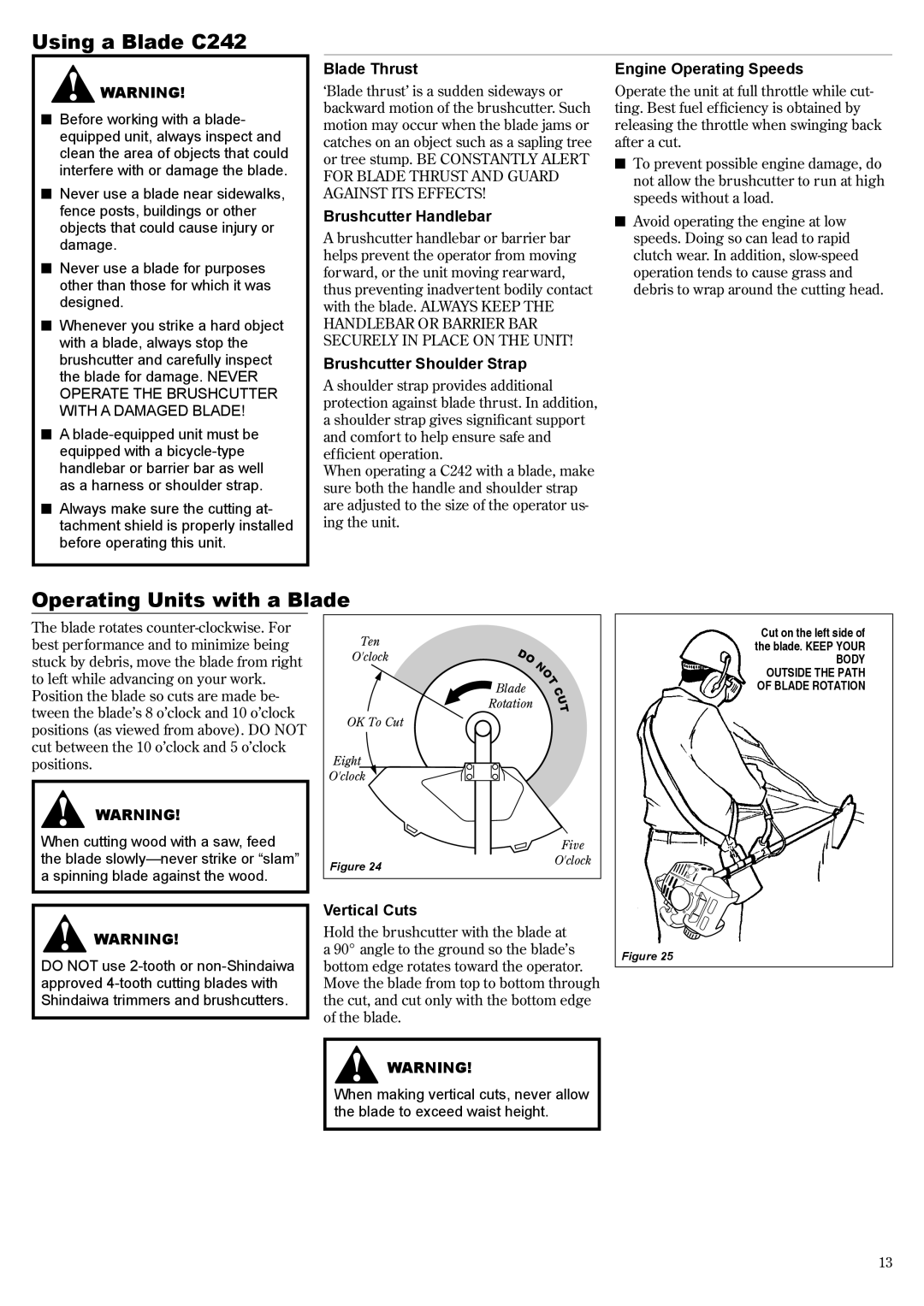 Shindaiwa 81644 manual Using a Blade C242, Operating Units with a Blade 