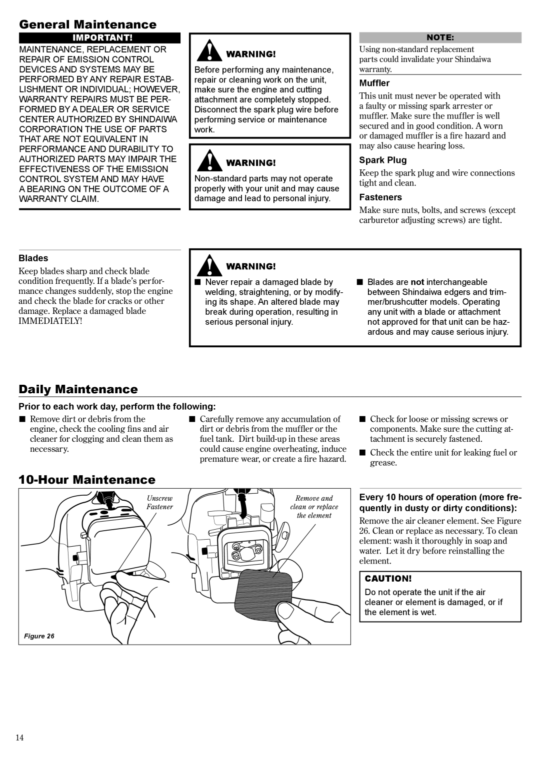 Shindaiwa 81644 manual General Maintenance, Daily Maintenance, Hour Maintenance 