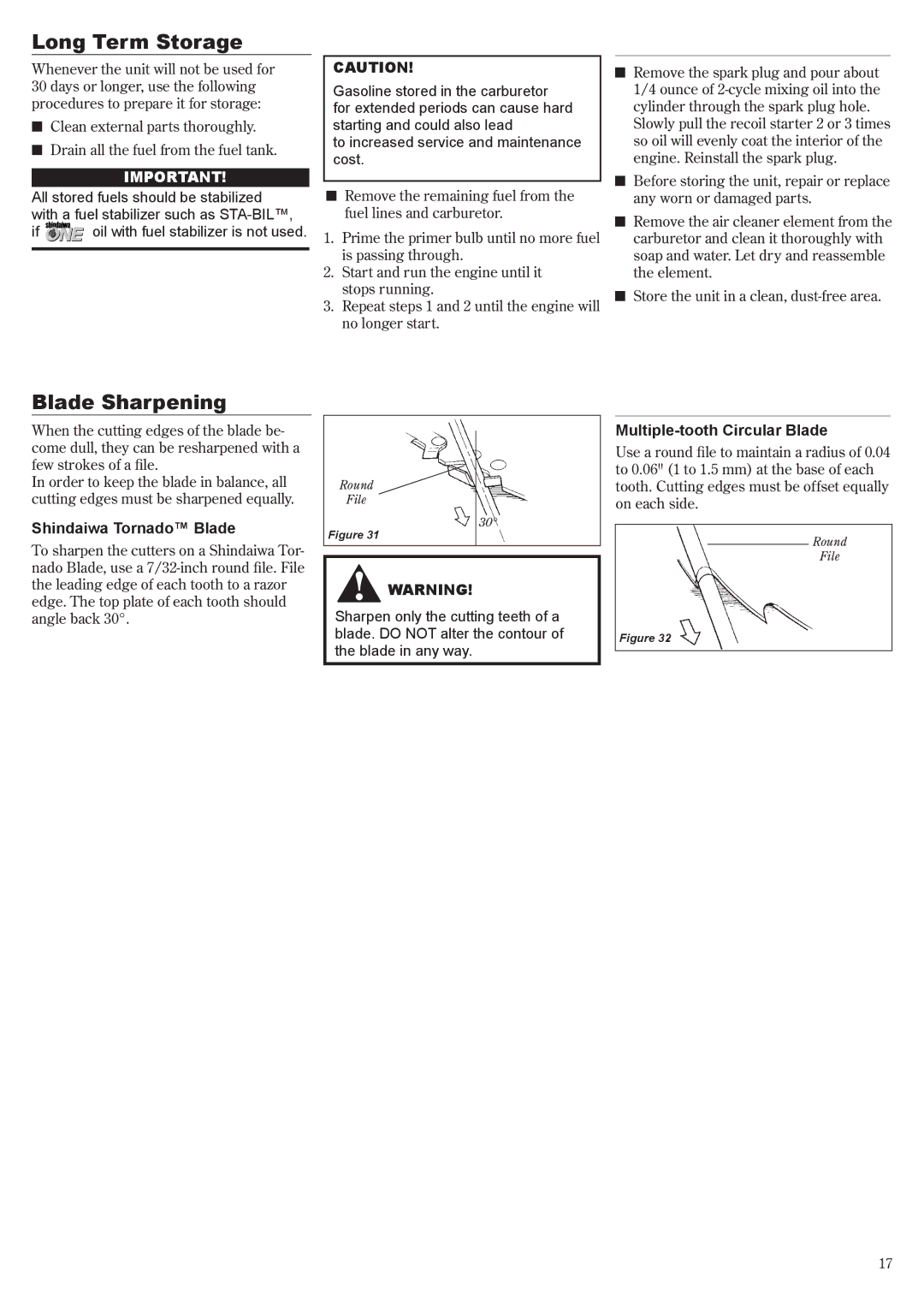 Shindaiwa 81644 manual Long Term Storage, Blade Sharpening, Shindaiwa Tornado Blade, Multiple-tooth Circular Blade 