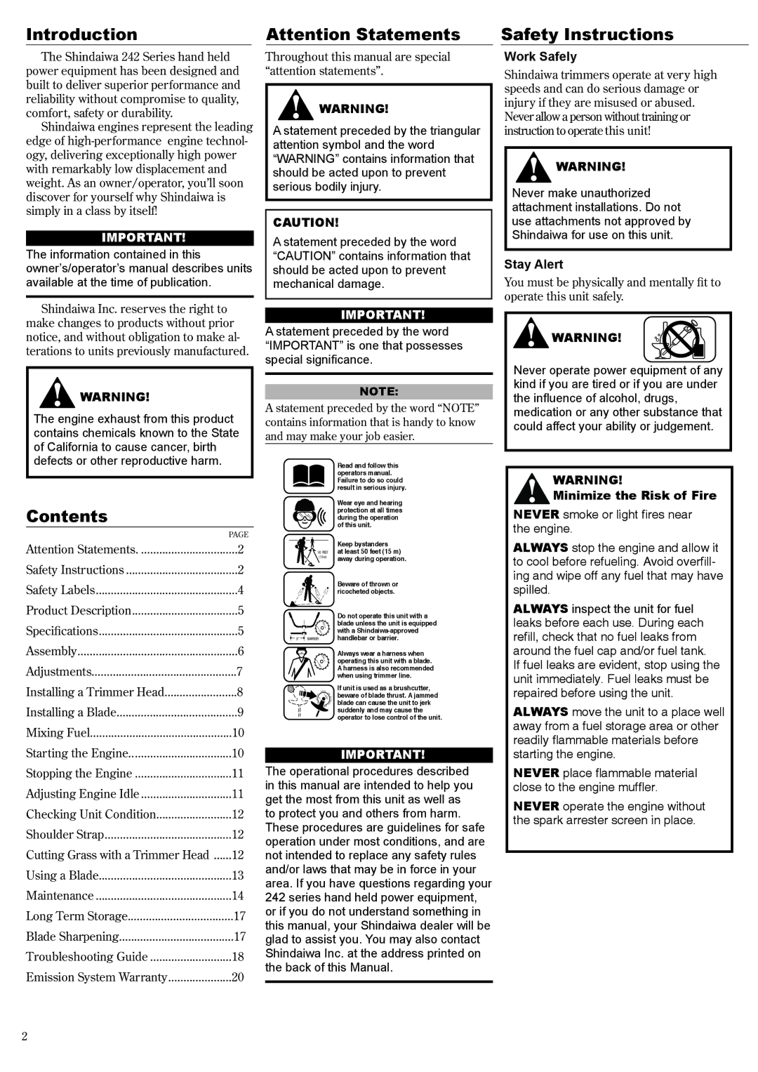 Shindaiwa 81644 manual Introduction, Contents, Safety Instructions 