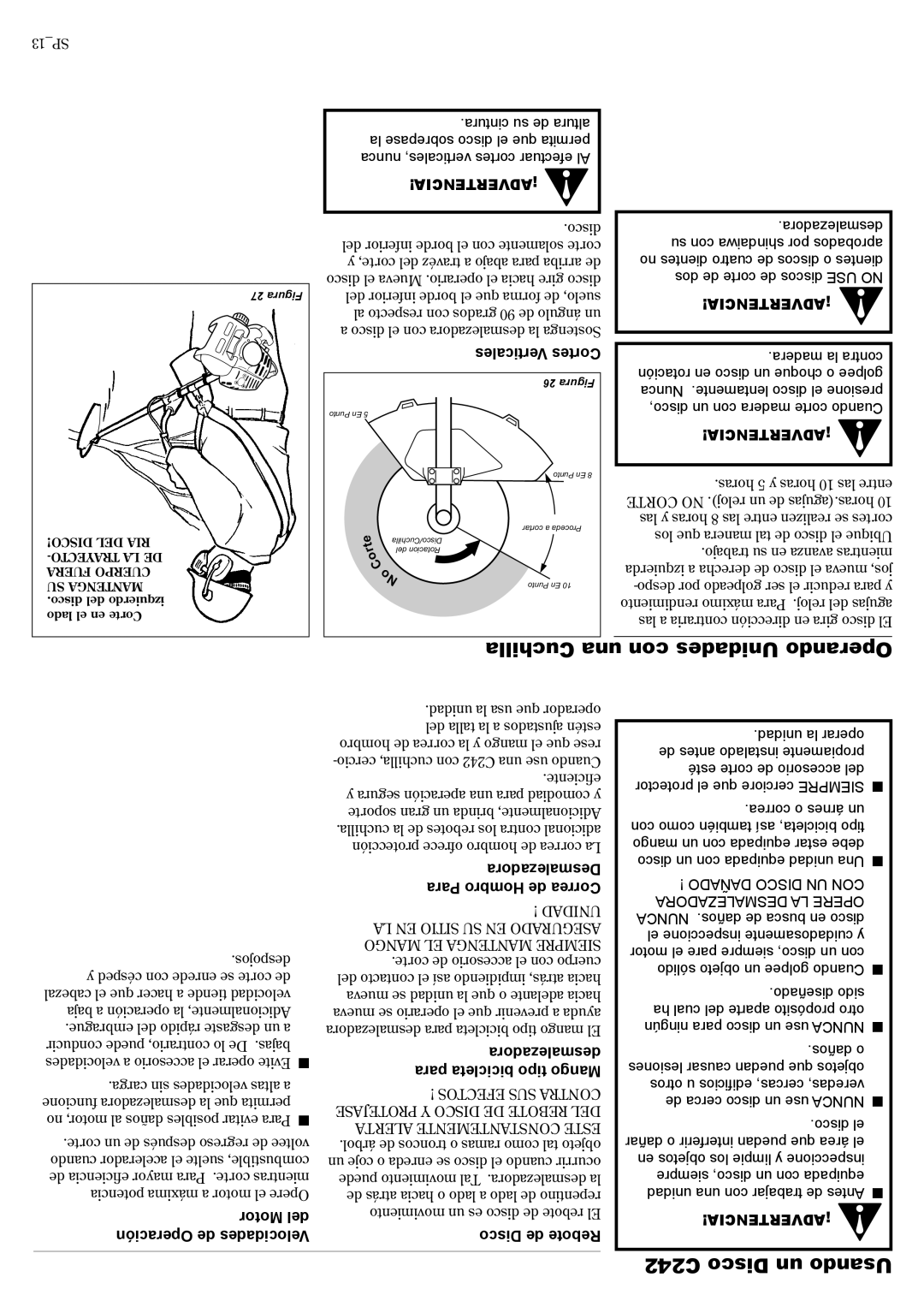 Shindaiwa 81644 manual Cuchilla una con Unidades Operando, C242 Disco un Usando 