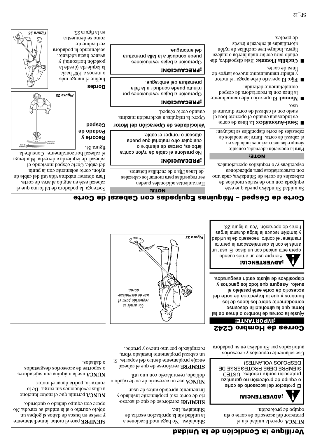 Shindaiwa 81644 manual Corte de, Cabezal con Equipadas Máquinas Césped de Corte, Unidad la de Condición la Verifique 